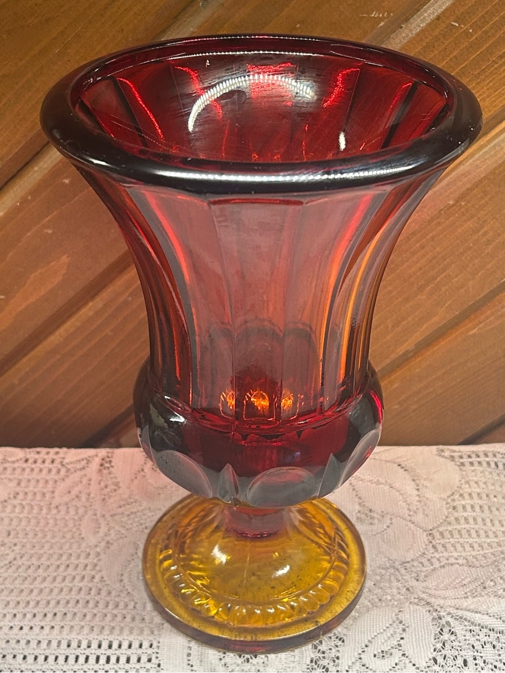 Vintage Tiara Sunset Amberina Pressed Glass Pedestal Vase